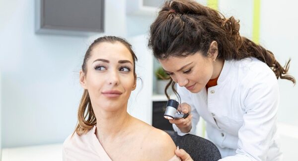 Dermatólogos - Mujer en consulta dermatológica con uno de las mejores dermatólogos en Sevilla