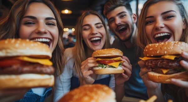 Hamburgueserías - Personas comiendo hamburguesas de pollo y carne en una de las mejores hamburgueserías en Sevilla