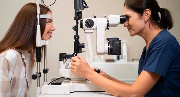 Mejores oculistas - Mujer en consulta de oftalmólogo para revisión de la vista con uno de los mejores oculistas en Sevilla