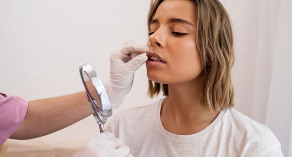 Relleno de labios - Médico de medicina estética evaluando los labios de una mujer para aplicar tratamiento con bótox o ácido hialurónico en una de las mejores clínicas de relleno de labios de Sevilla