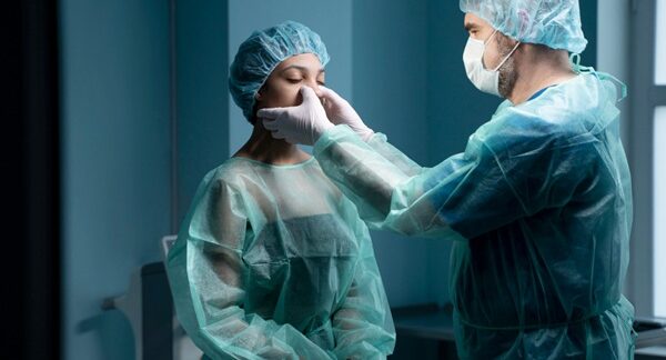 Cirujanos de rinoplastia - Médico estético reconocido como uno de los mejores cirujanos de rinoplastia de Sevilla realizando una operación de nariz a una mujer