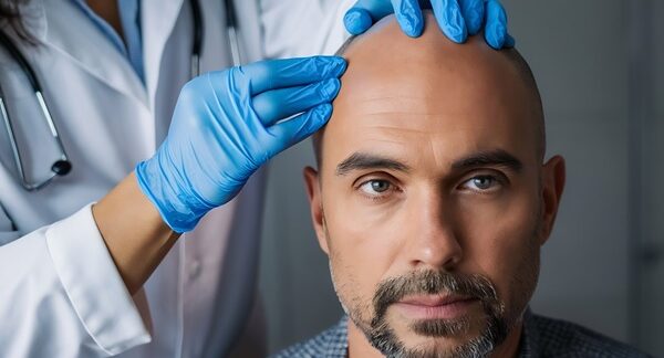 Médicos de trasplante capilar - Tricólogo reconocido como el mejor cirujano capilar España evaluando el cuero cabelludo de un hombre con alopecia para un trasplante capilar Sevilla