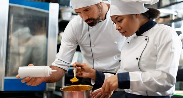 Escuelas de gastronomía - Cheff de academia de gastronomía enseñando a un cocinero en una de las mejores escuelas de gastronomía de Sevilla