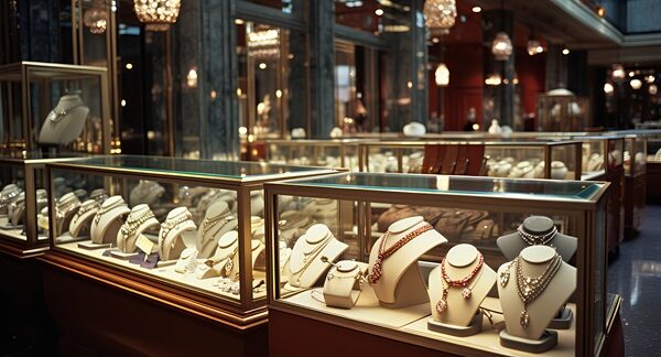 Mejores joyerías - Exhibición de joyas en una tienda de joyería que además posee tienda de joyas online reconocida entre las mejores joyerías de Sevilla