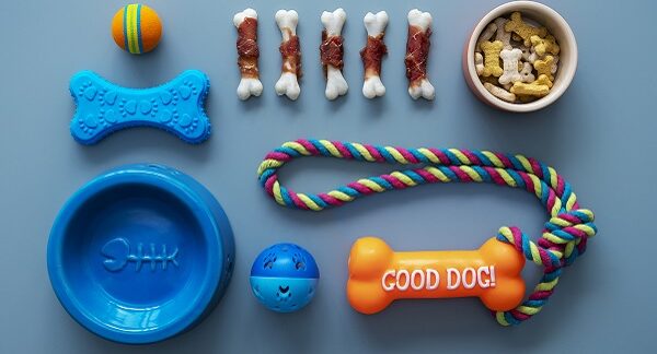 tiendas de juguetes para perros, una serie de juguetes dispuestos en un fondo azul
